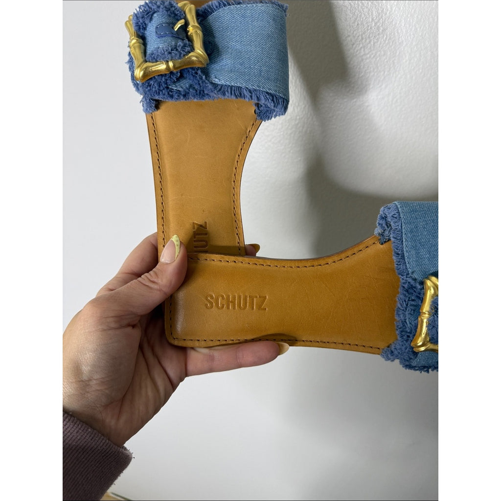 SCHUTZ Enola Flat Sandals in Azul / Summer Jeans Colorway w/ Gold Buckle Sz 8.5