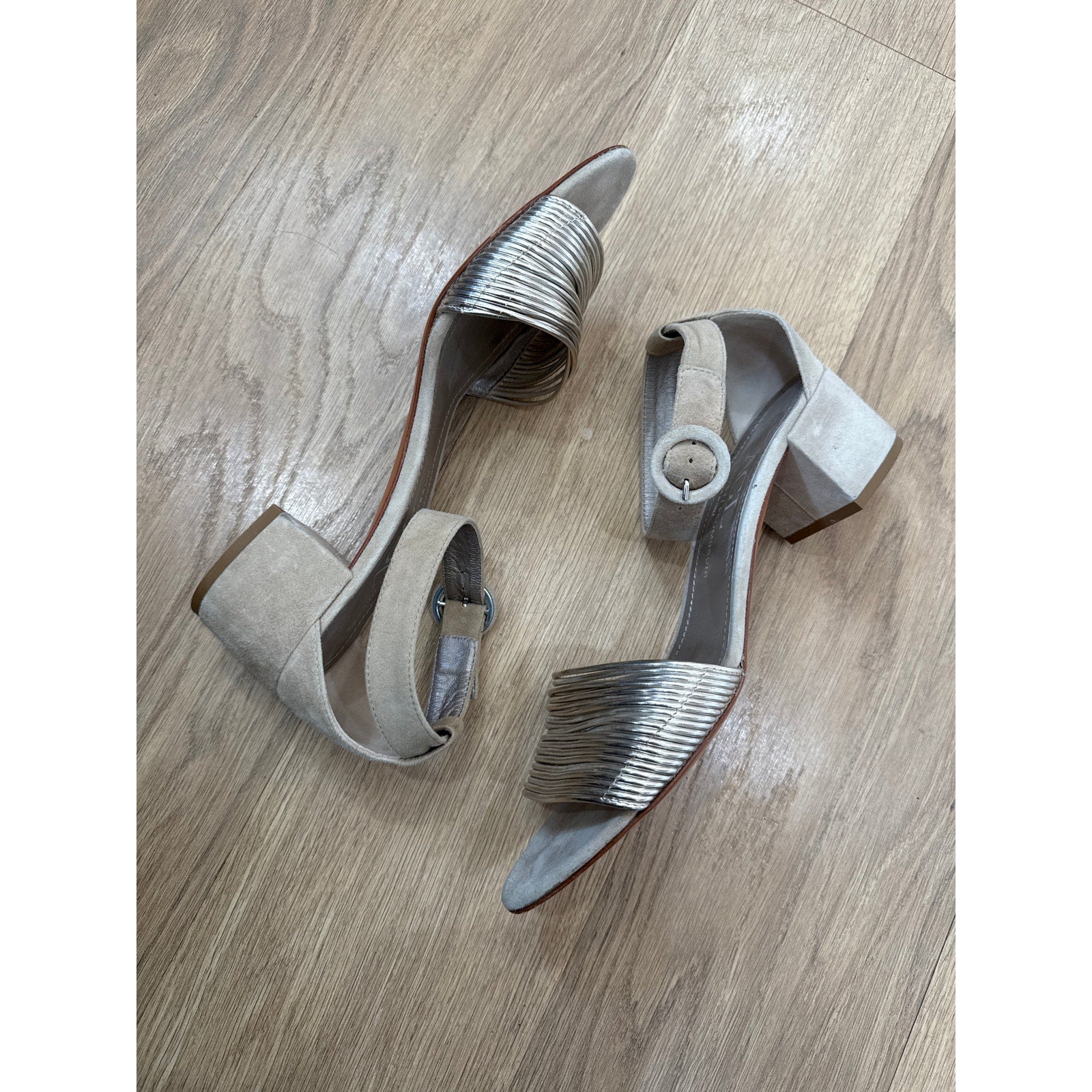 AGL Attilio Giusti Leombruni Multi Strand Metallic Suede Ankle Strap Block Heel Sandals Size 10.5