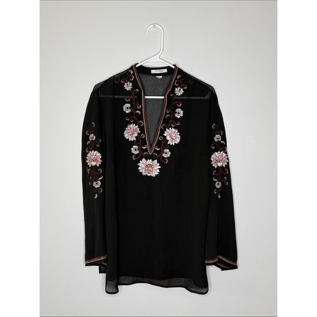 Dressbarn Black Embroidered V-Neck Tunic with Pink Floral Accents No Size