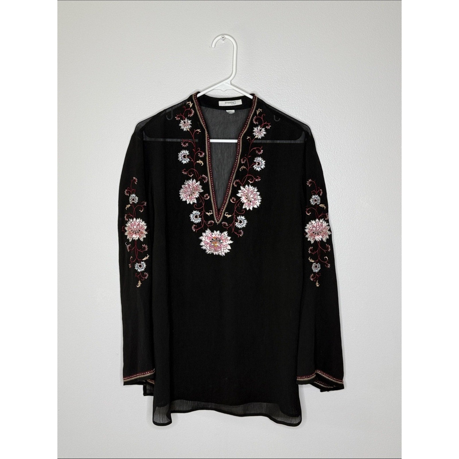 Dressbarn Black Embroidered V-Neck Tunic with Pink Floral Accents No Size