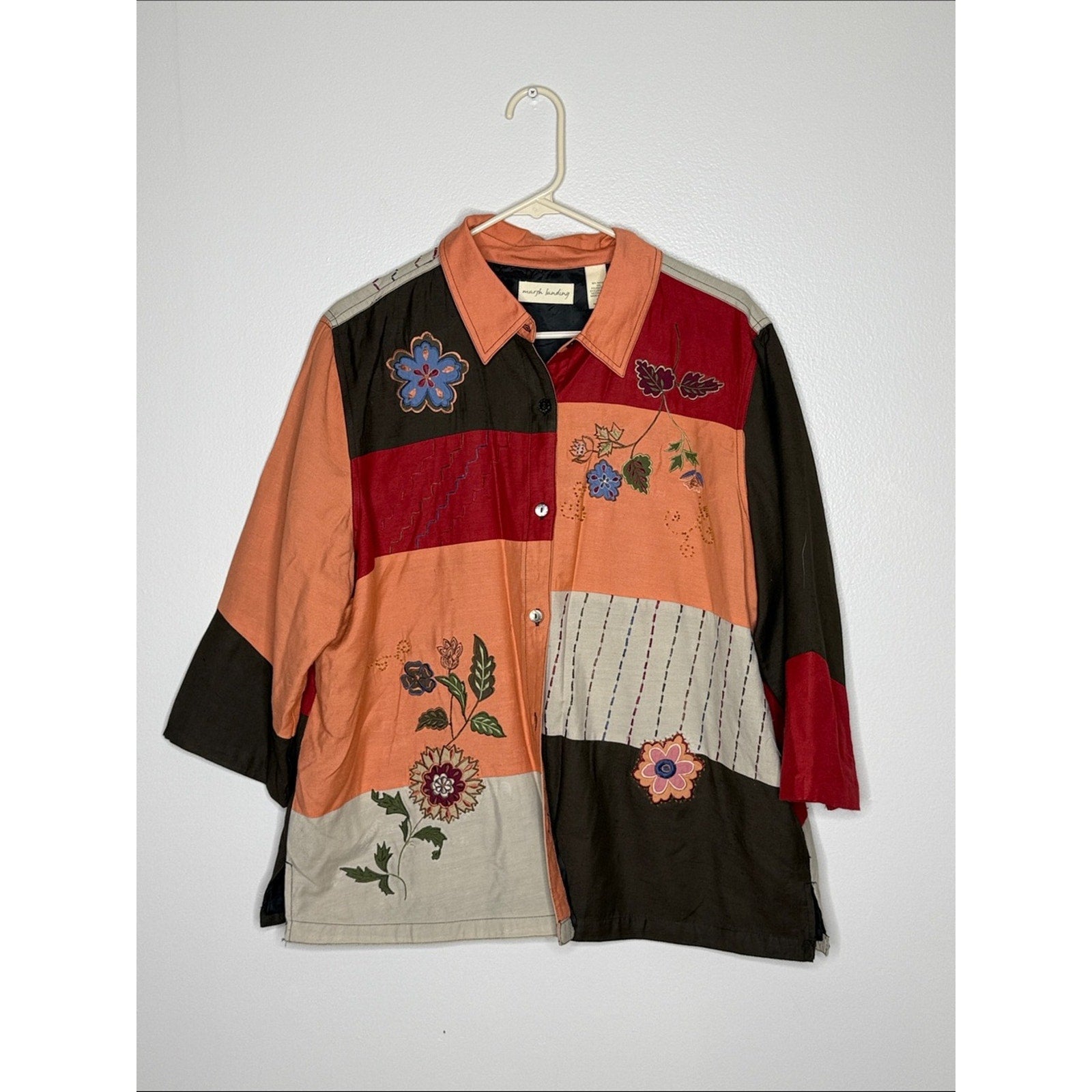 Marsh Landing Rust & Red Patchwork Button-Up Shirt / Shacket XL