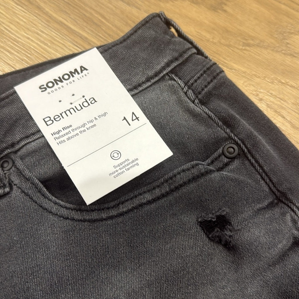 Sonoma Black / Dark Gray Bermuda Denim Raw Hem High Rise Shorts Size 14 NEW!