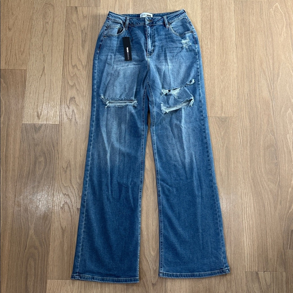 Fashion Nova Blue Tall Hem Ripped Stretch Baggy Jeans Size 11 NEW!