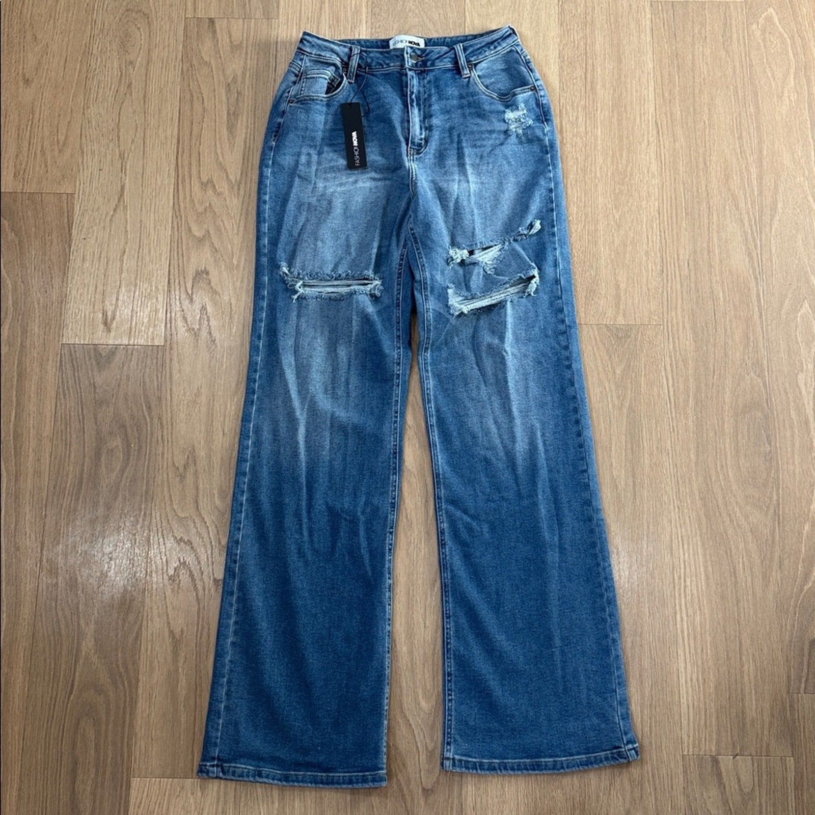 Fashion Nova Blue Tall Hem Ripped Stretch Baggy Jeans Size 11 NEW!
