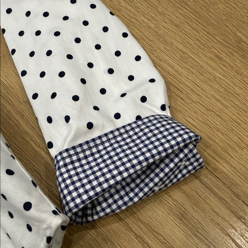 Chaps White Button Down Long Sleeve Shirt with Navy Blue Polka Dots Size Large