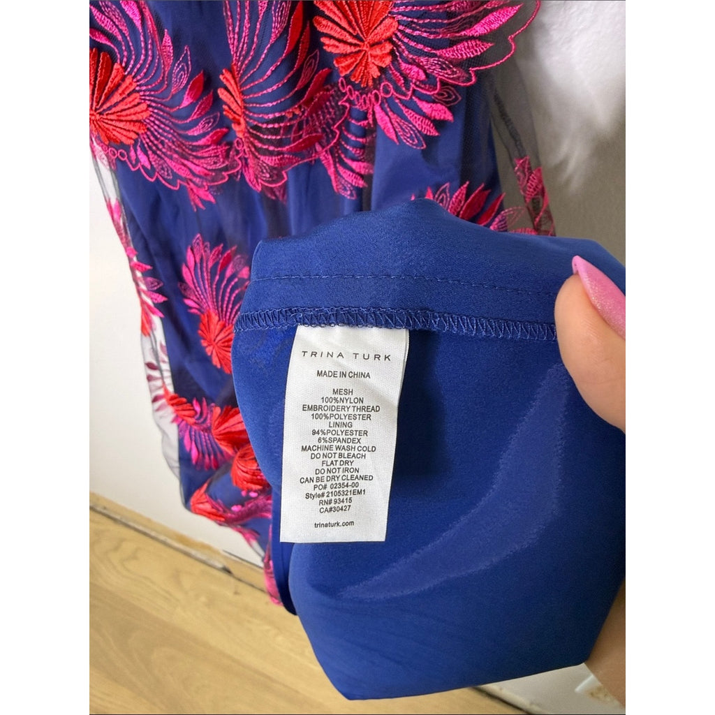 Trina Turk Navy Dress with Bright Pink Embroidered Fans Size M/L
