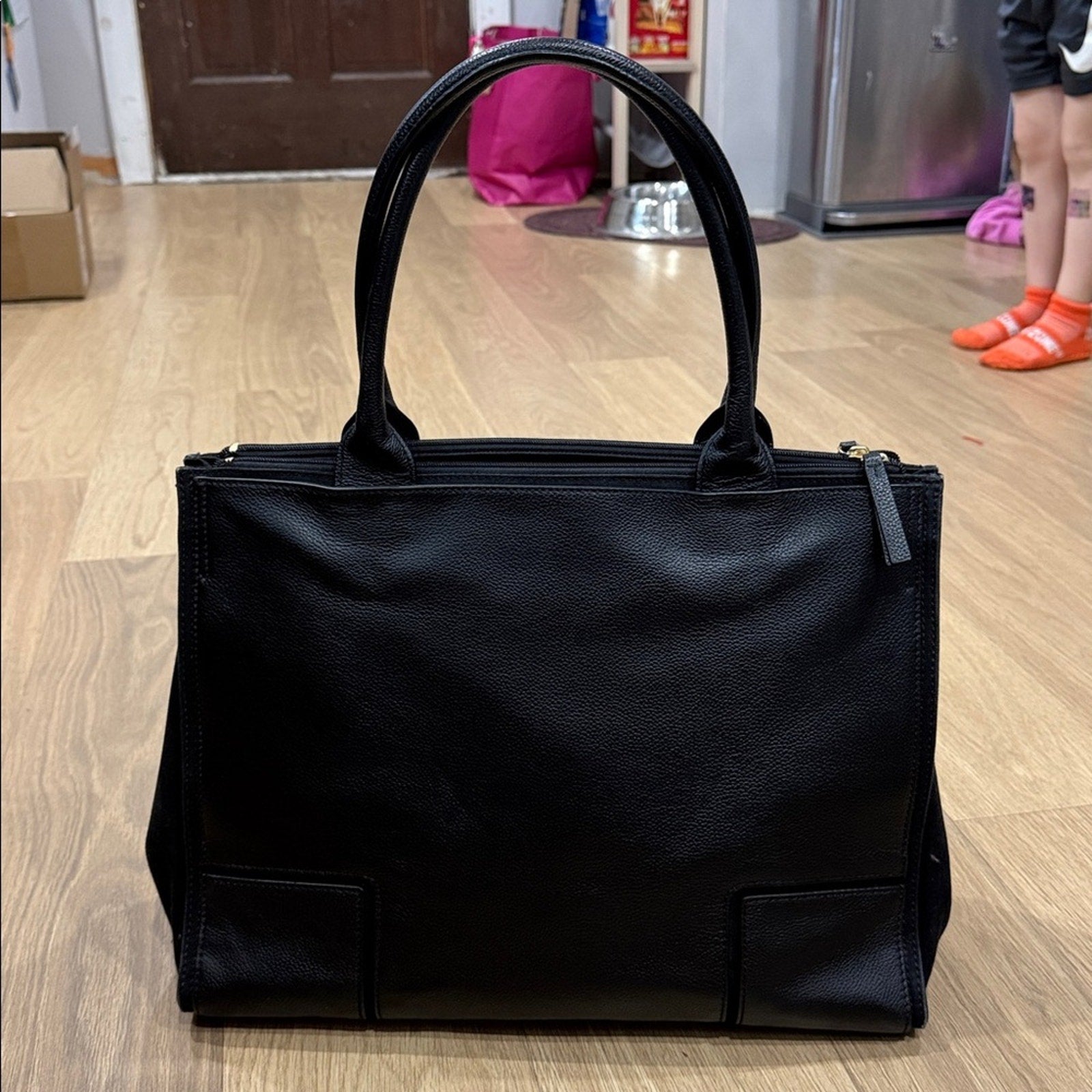 Tory Burch Ella Tote Bag in Black Pebbled Leather