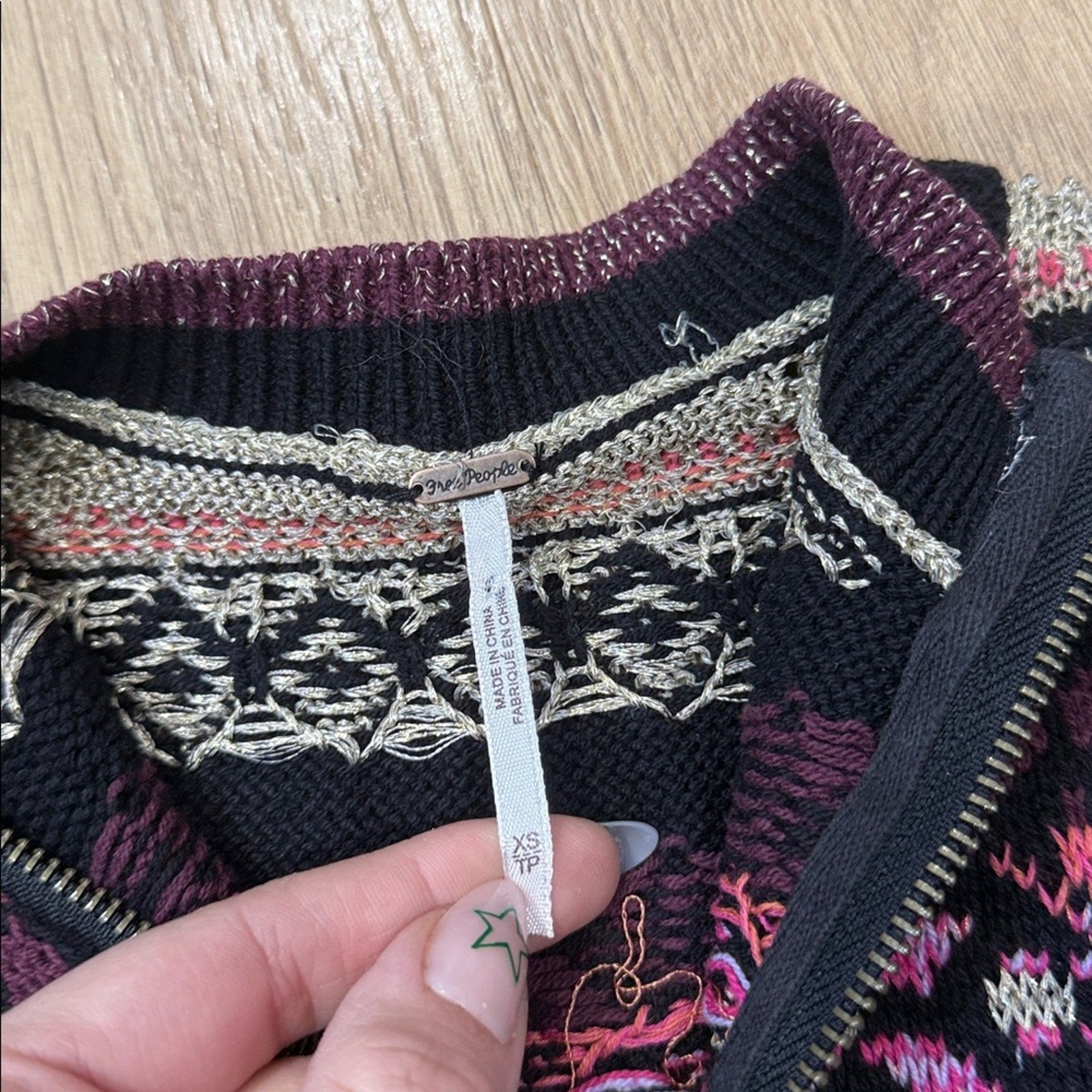 Free People Cozy Cottage Sweater in Black Multicolor Fair Isle Pattern Size XS