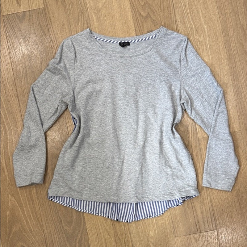 Talbots Gray Long Sleeve Layered-Look Top with Navy-White Stripe Hem Large
