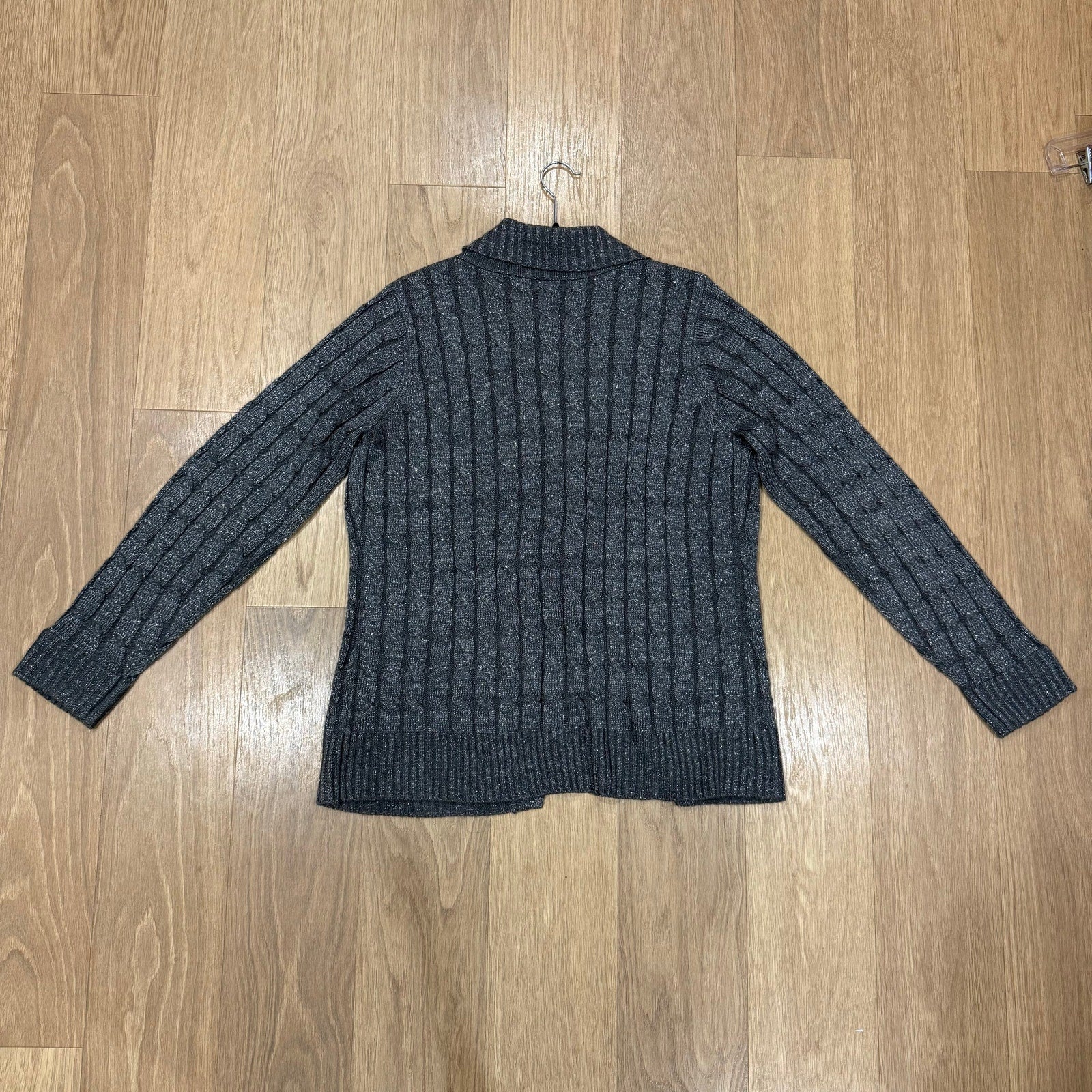 West End Grey Cable Knit Cardigan with Satin Tie Waist Size XL