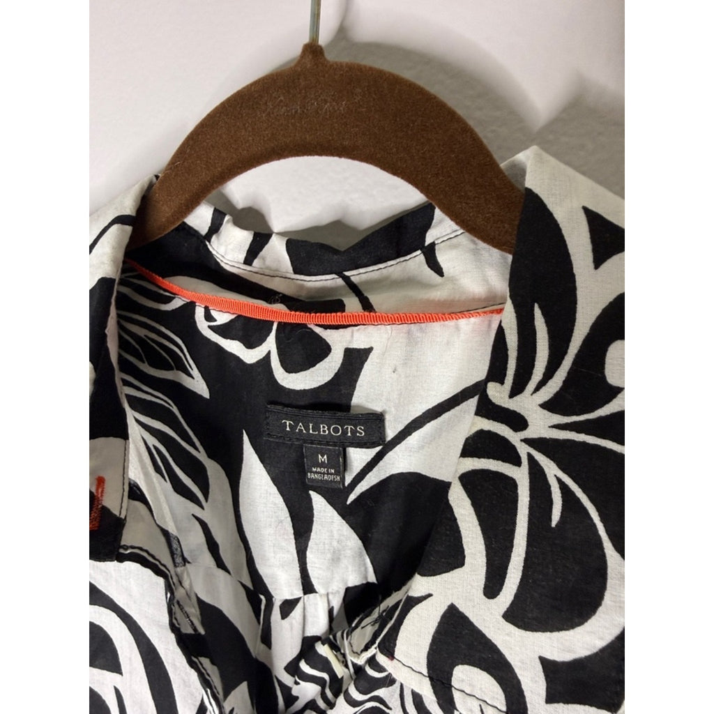 Talbots Black and White Floral Button-Up Shirt Size Medium