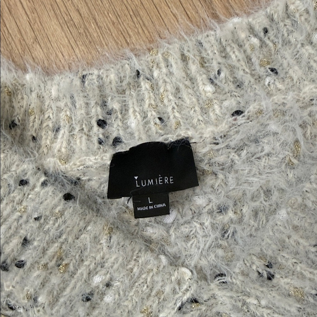 Lumiere Cream Gold Black Knit Fuzzy V Neck Sweater Size Large