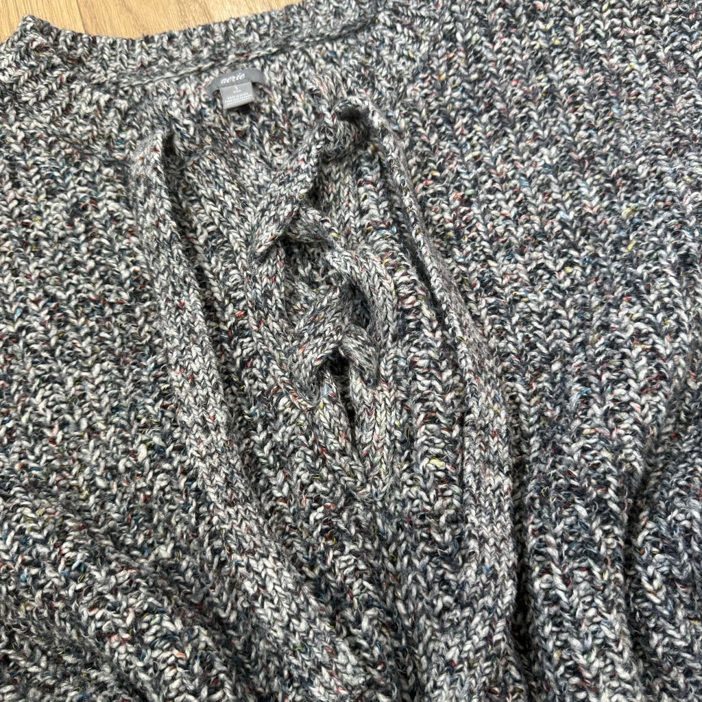 Aerie Lace-Up Confetti Knit Sweater - Black & White Marled Pullover Size Small