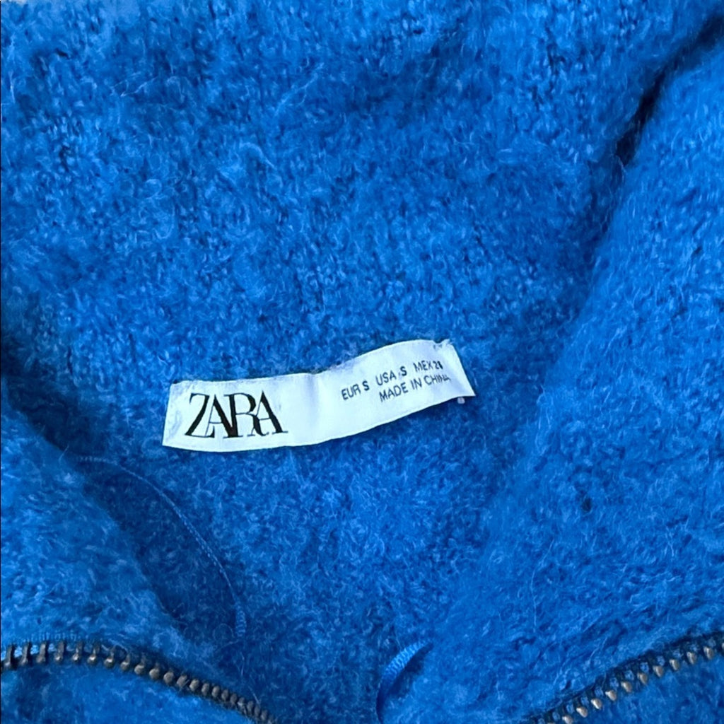 Zara Vibrant Blue 1/4 Zip Fuzzy Soft Knit Cropped Pullover Turtleneck Sweater SM
