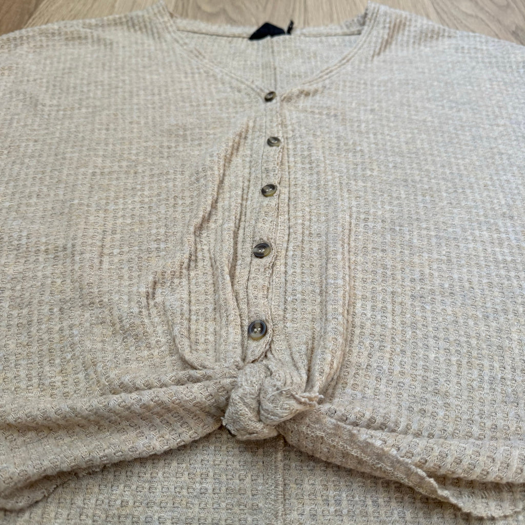 Out From Under Jojo Waffle Knit Tie-Front Thermal Top - Oatmeal Size Small