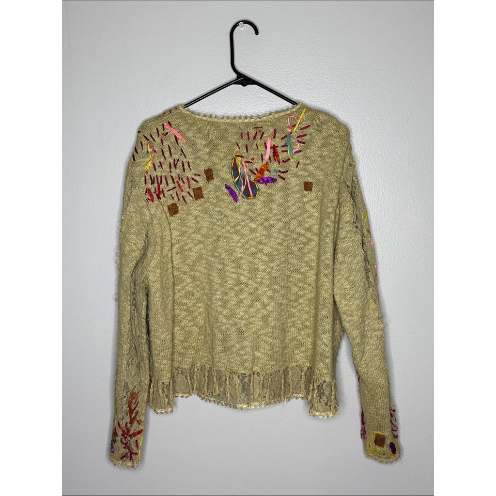 Embellished Beige Women’s Knit Sweater Cardigan Size L/XL