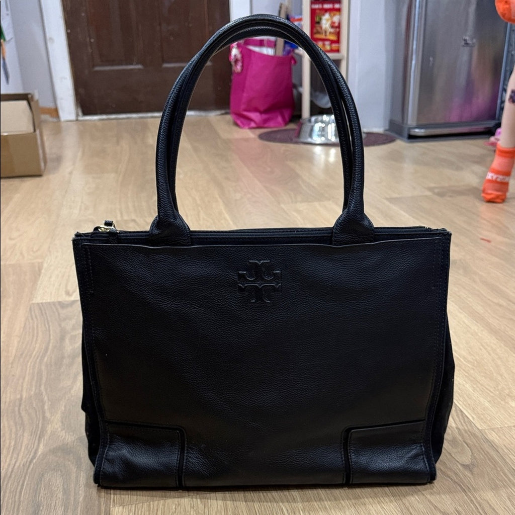 Tory Burch Ella Tote Bag in Black Pebbled Leather