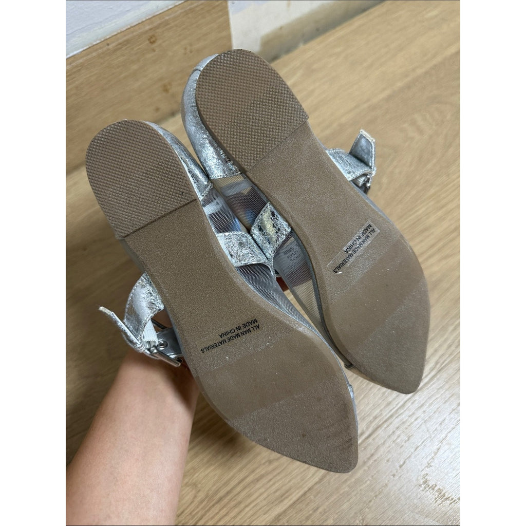 Report Metallic Silver Pointed Mary Jane Flats Size 7