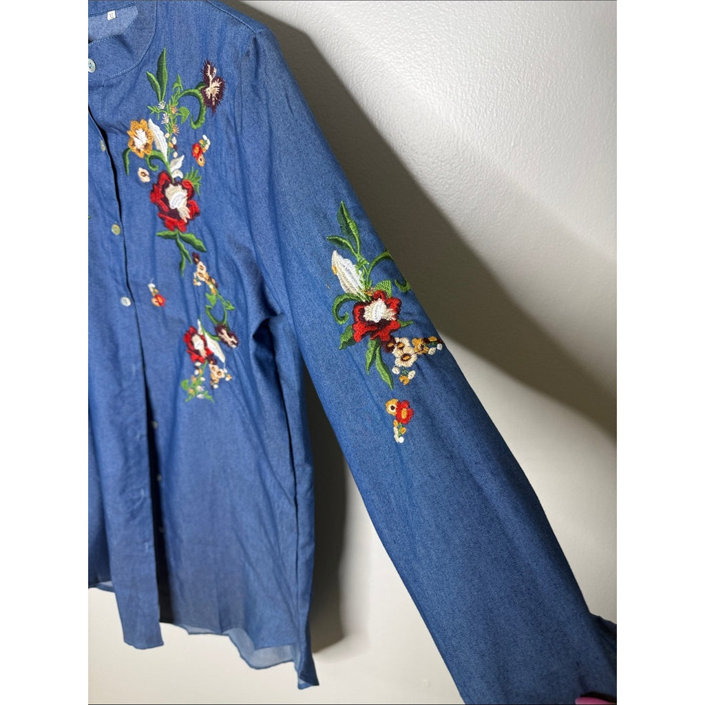 Embroidered Denim Tunic Shirt - Blue with Multicolor Floral Embroidery Size XL