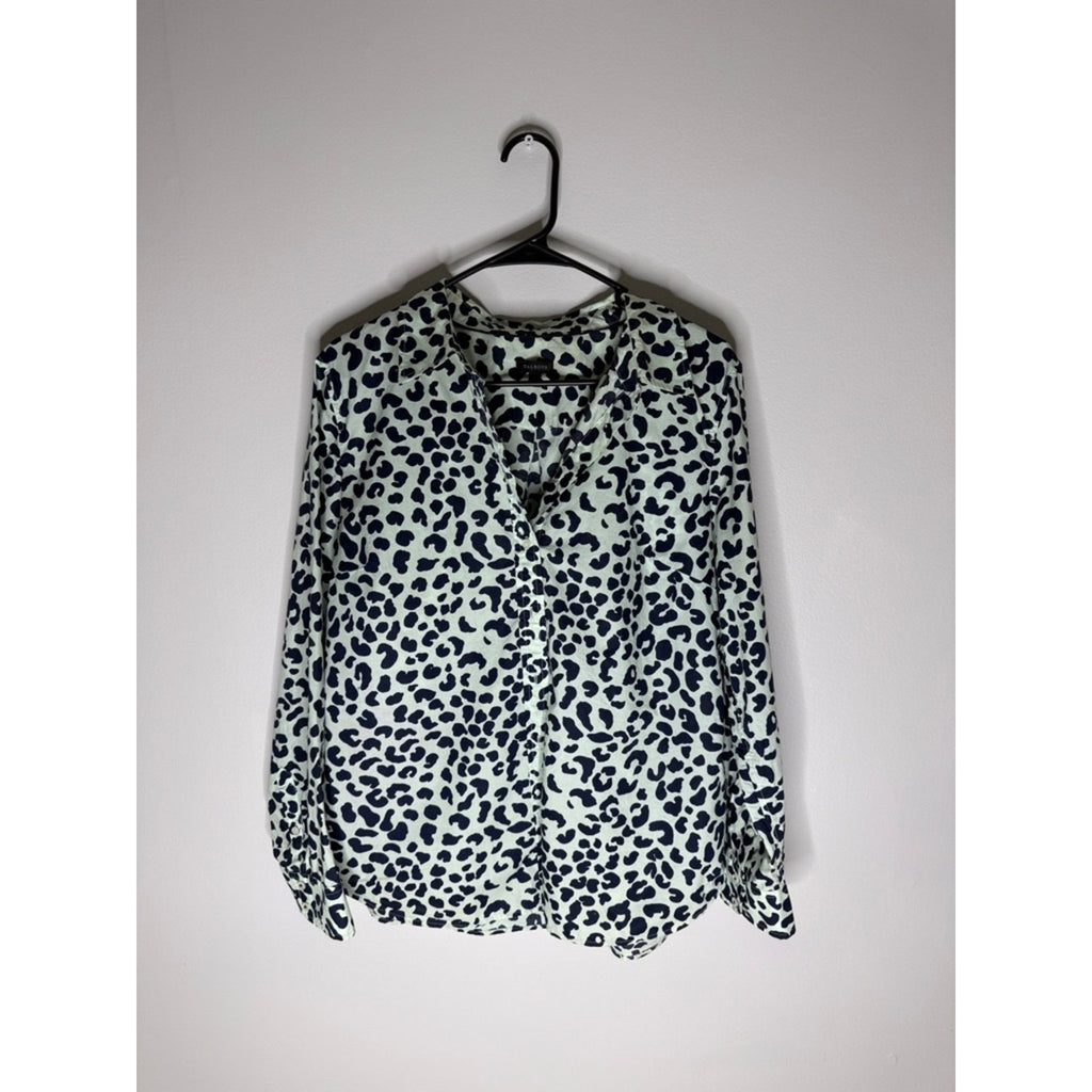 Talbots Navy Mint Leopard Print Button-Front Blouse Top Size Large