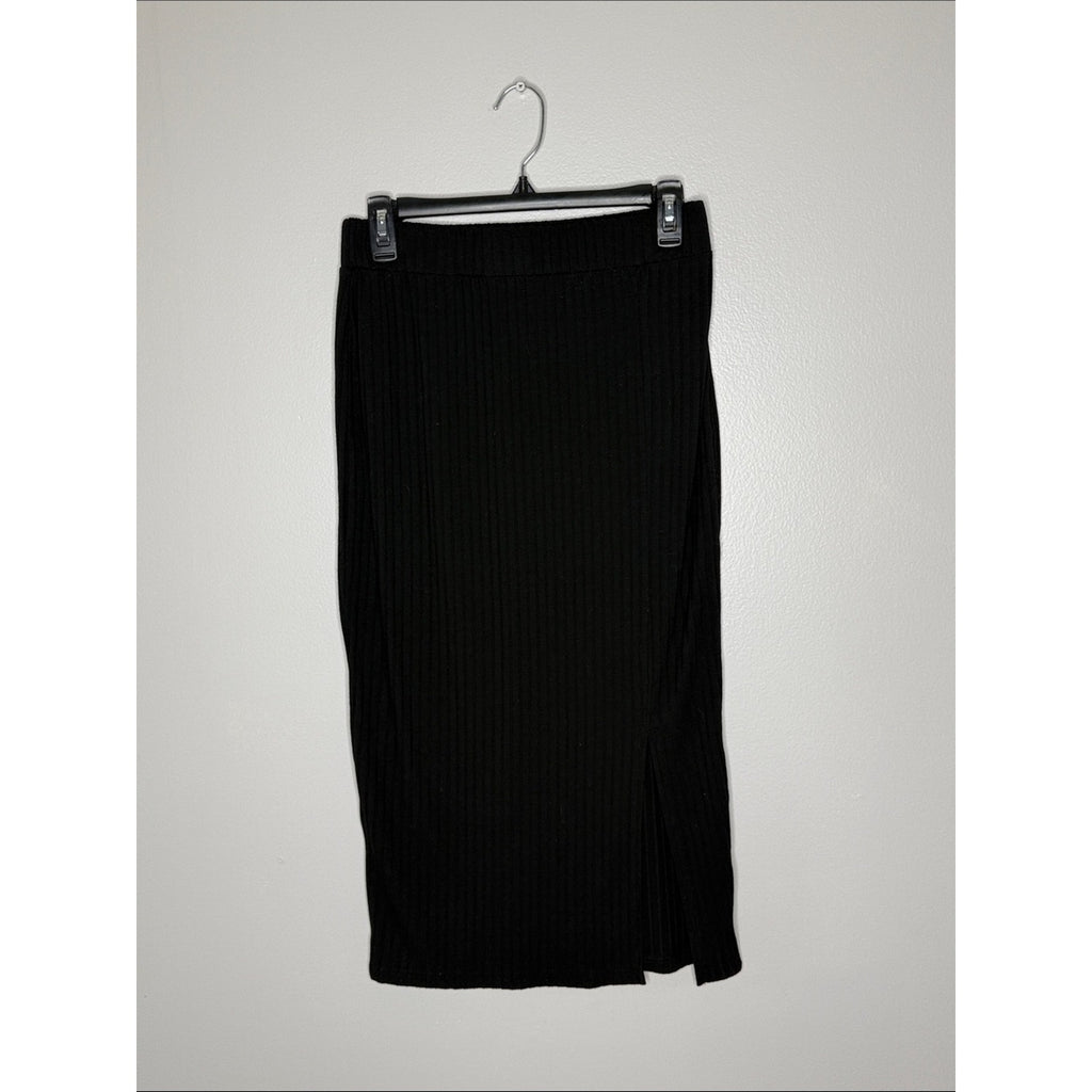 Black Ribbed Midi Skirt - Classic Women's Pencil Skirt w/ Slit Large