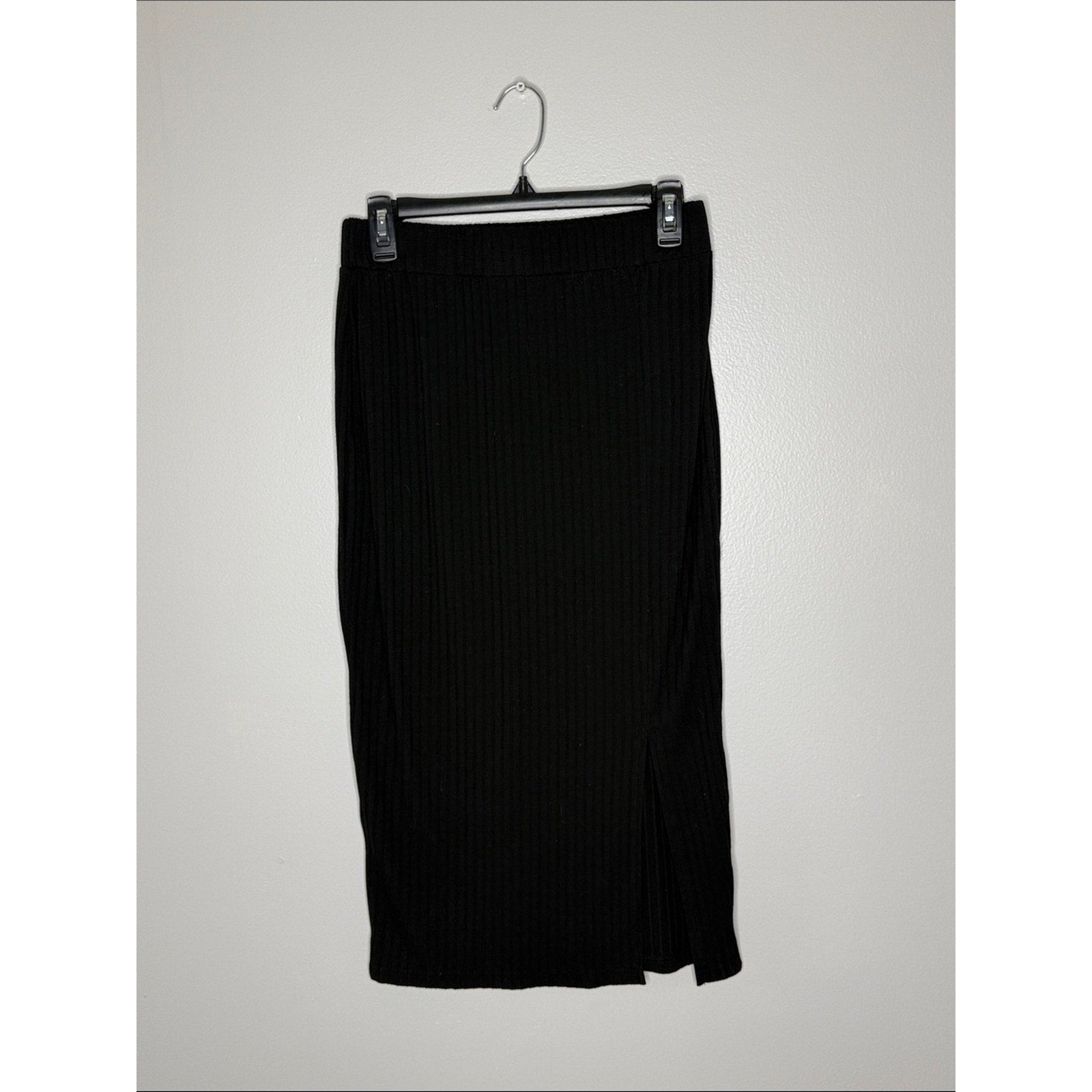 Black Ribbed Midi Skirt - Classic Women's Pencil Skirt w/ Slit Large