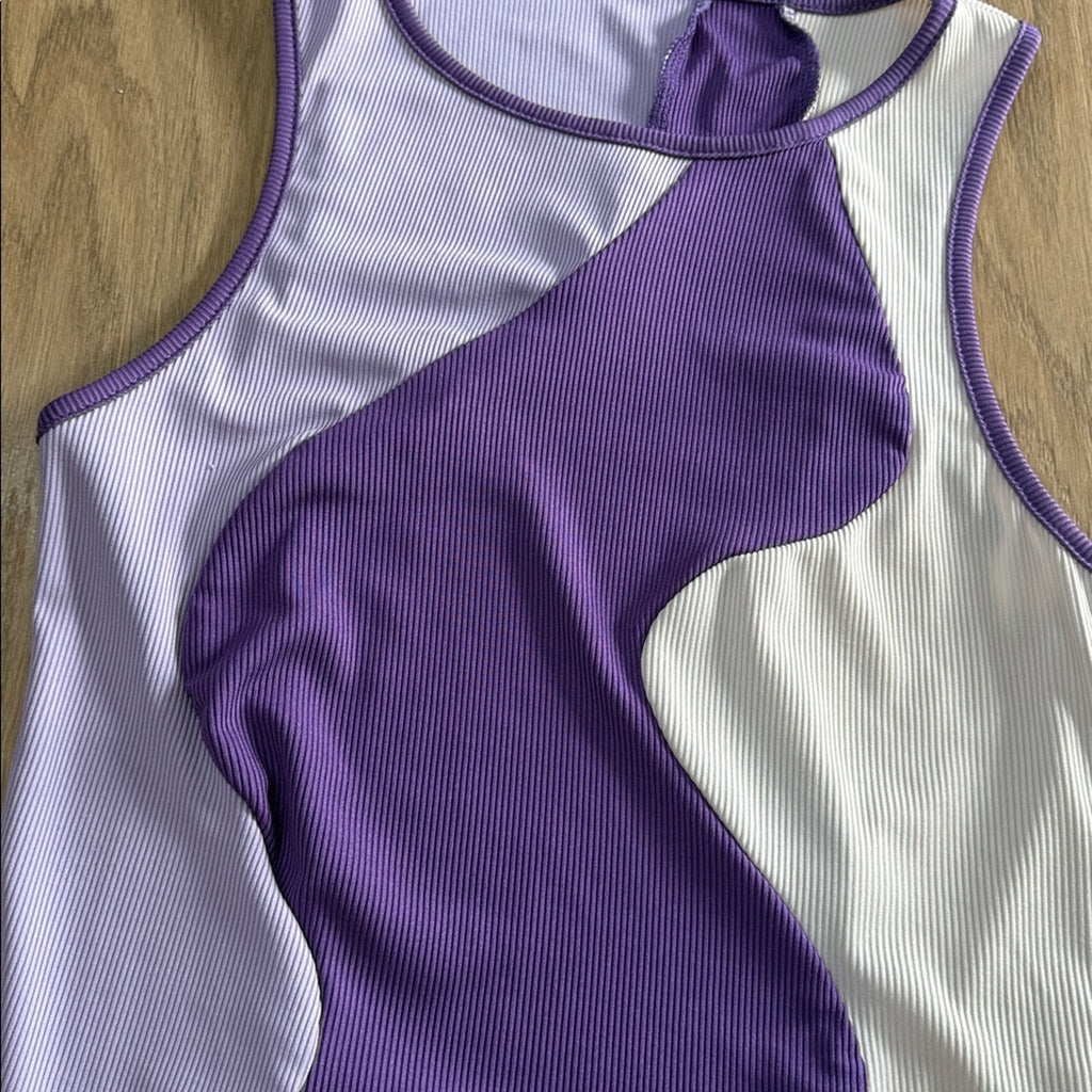 Purple and White Wavy Pattern Sleeveless Snap Bodysuit Size Large