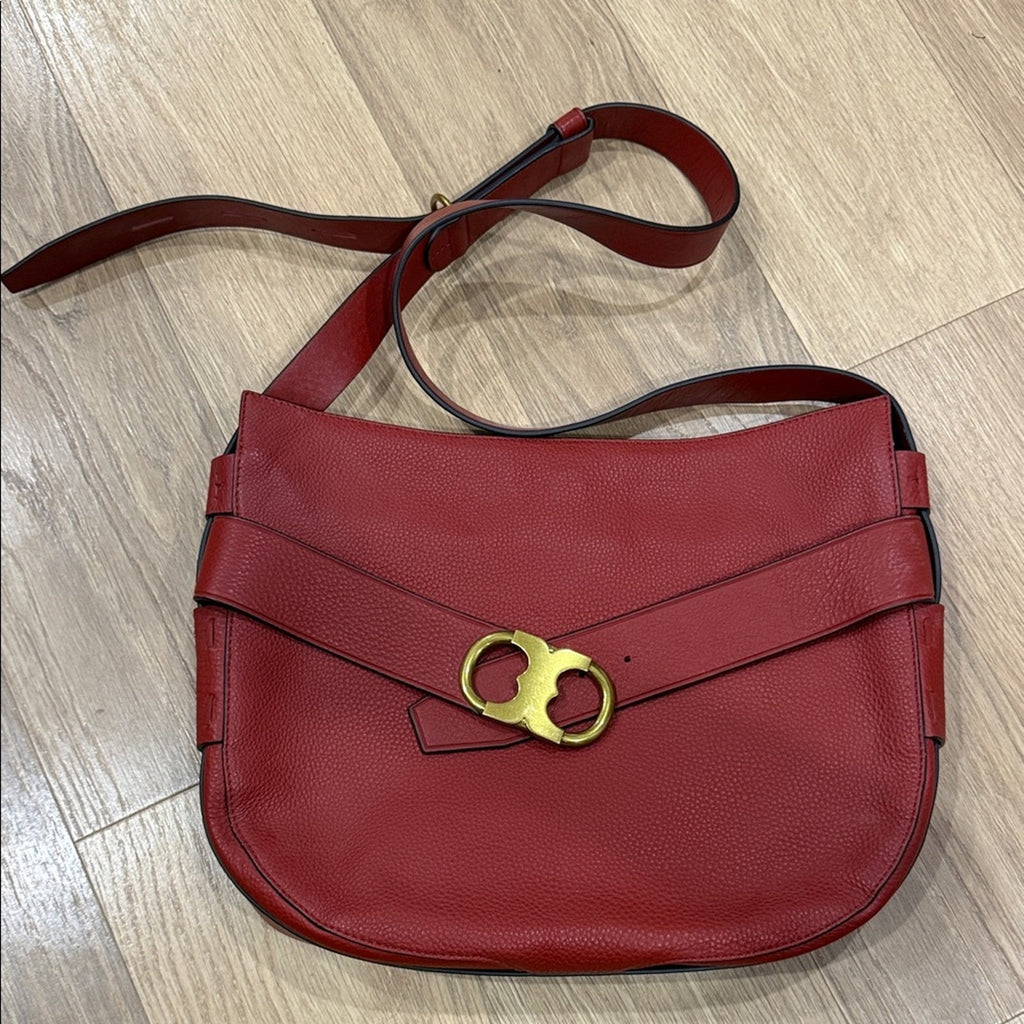 Tory Burch Gemini Link Shoulder Bag in Red Pebbled Leather Gold Hardware