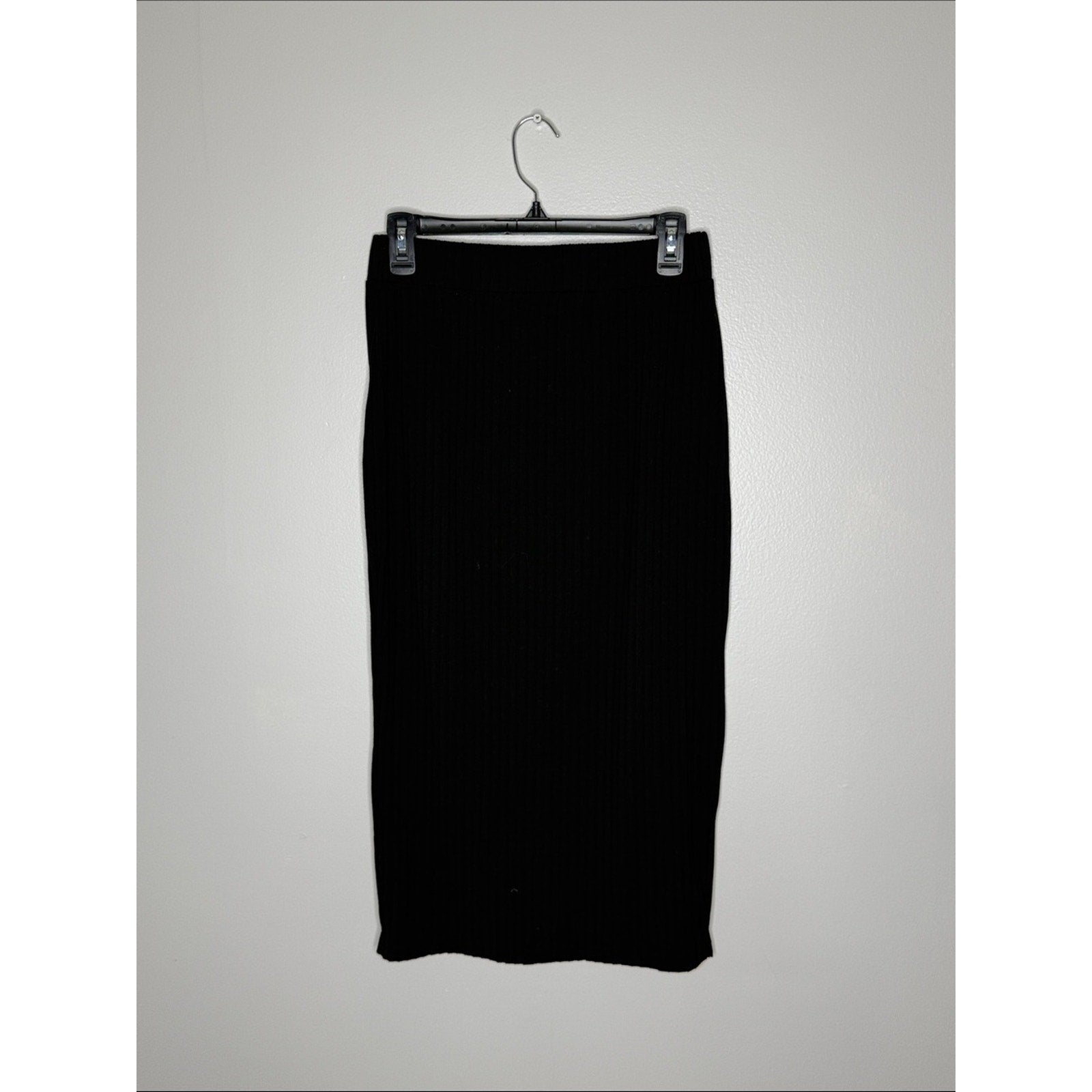 Black Ribbed Midi Skirt - Classic Women's Pencil Skirt w/ Slit Large