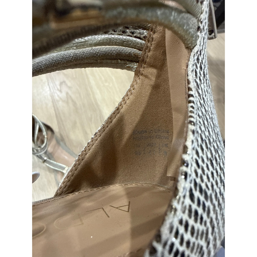 Aldo Alyson Gladiator Grey Faux Snakeskin Gold Tone Tube Strap Sandals Size 10