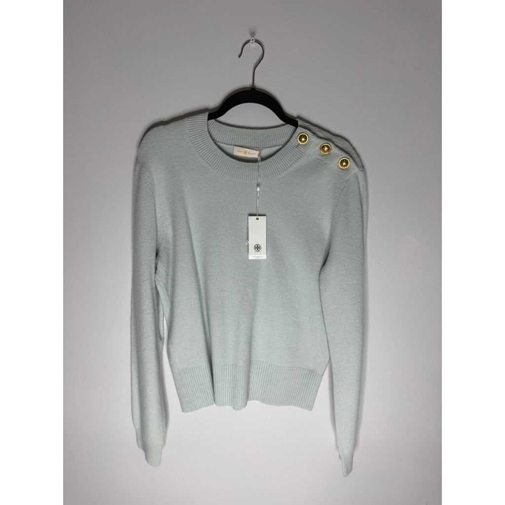 Tory Burch Pale Mint Crewneck Sweater with Gold Logo Buttons Size XL NEW!