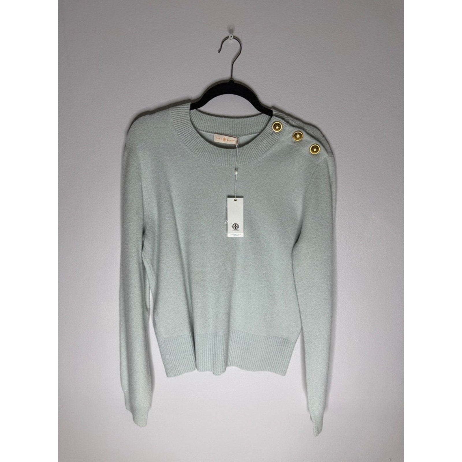 Tory Burch Pale Mint Crewneck Sweater with Gold Logo Buttons Size XL NEW!
