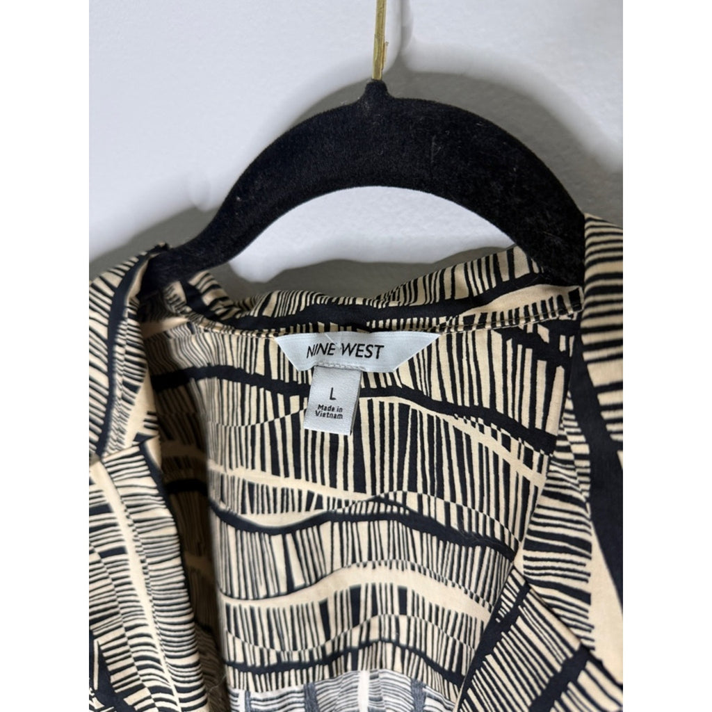 Nine West Black and Cream Patterned Wrap Blouse Size Large