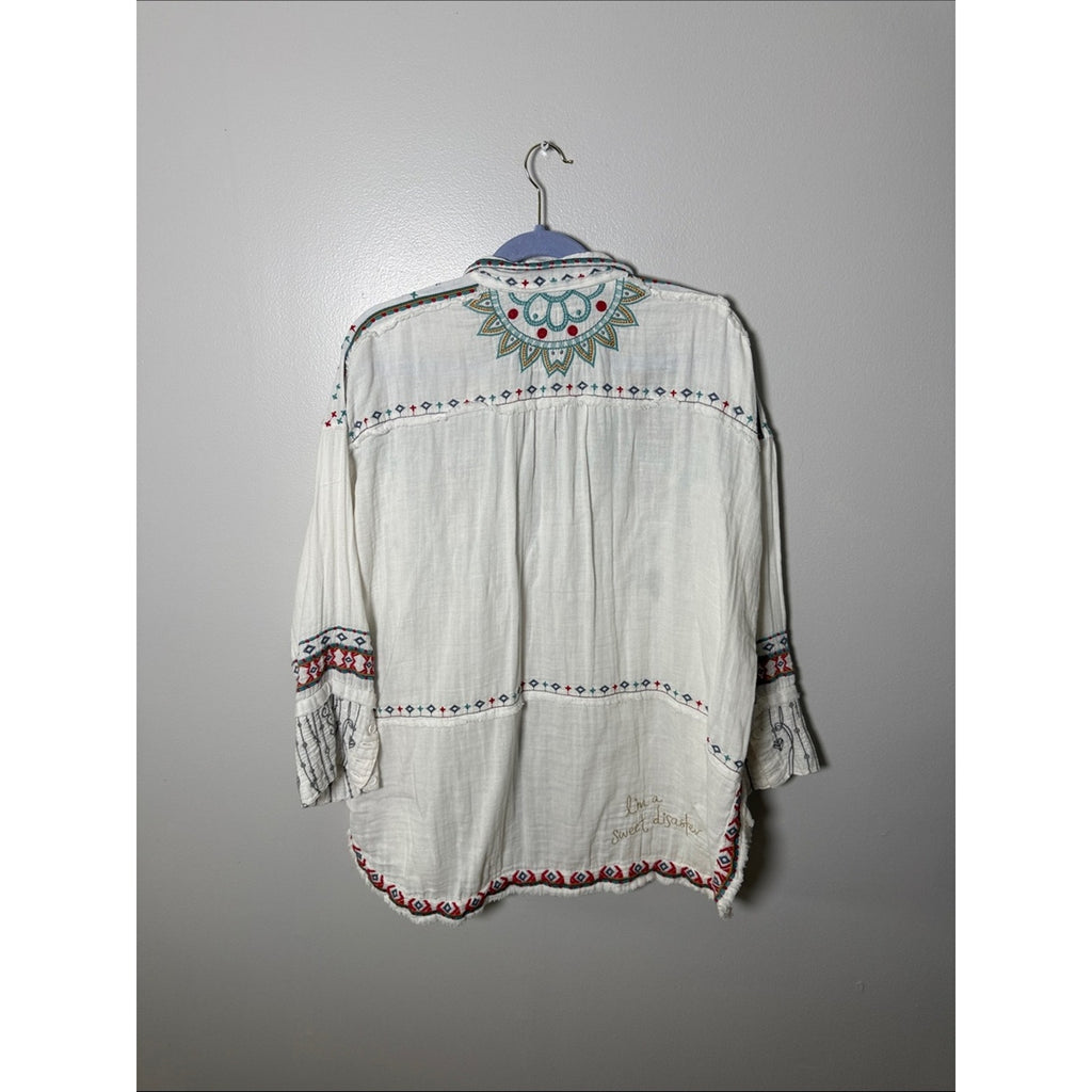 Johnny Was Pete & Greta Cream Embroidered Button-Down with Red and Teal Accents