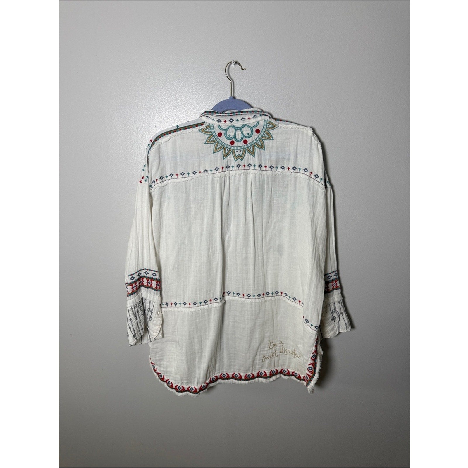 Johnny Was Pete & Greta Cream Embroidered Button-Down with Red and Teal Accents