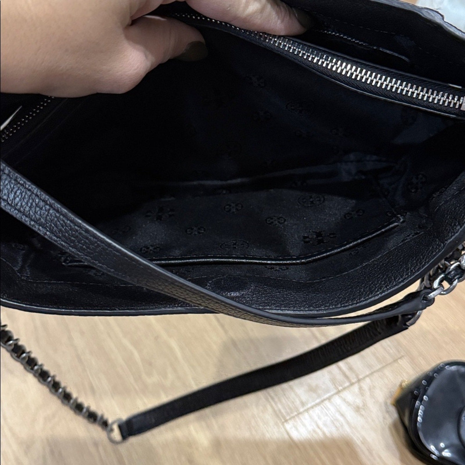 Tory Burch Britten Small Slouchy Tote Bag in Black Leather and Silver Hardware