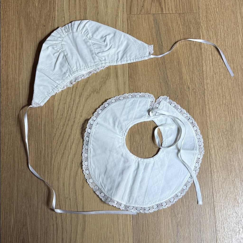 White and Pink Lace Baby Bonnet and Bib Set