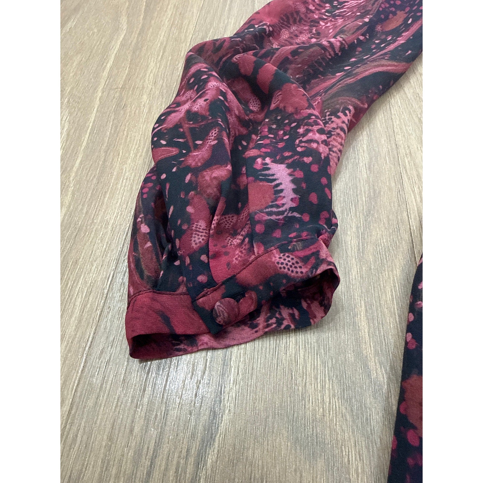 IRO Deylfe Floral Print Silk Chiffon Mini Dress in Burgundy and Black Size 8