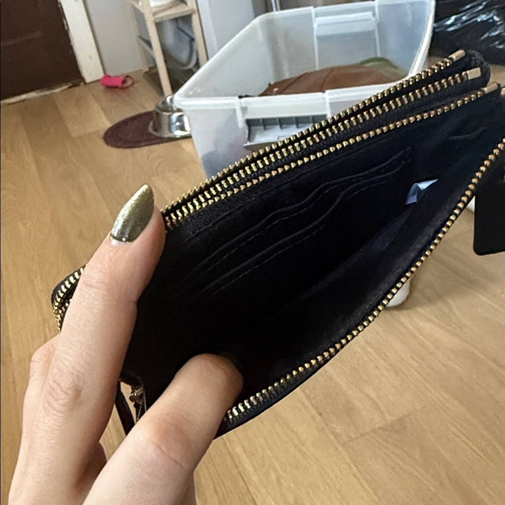 Coach Dark Brown and Black Pebbled Leather Wristlet with Black Strap