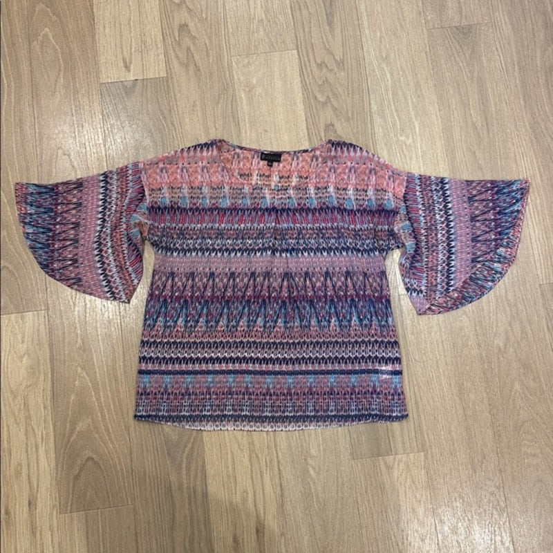 Bobeau Pink Multicolor Patterned Bell-Sleeve Peasant Top Size Large