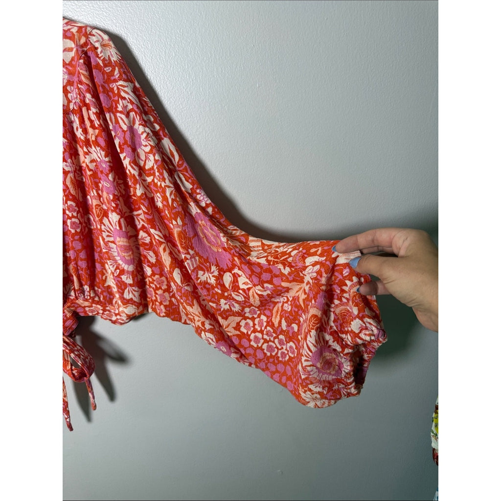 Rachel Zoe Coral-Pink Floral Tie-Front Blouse Size Large