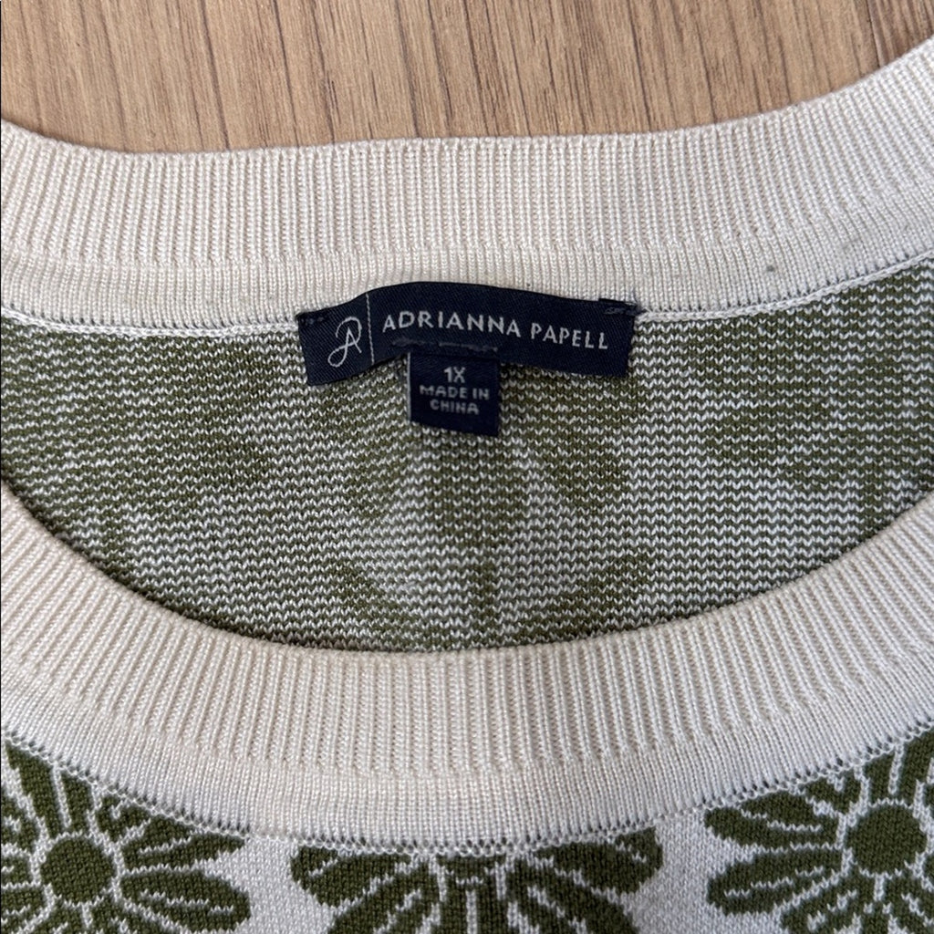 Adrianna Papell Green Floral Jacquard Crew Neck Sweater Size 1X
