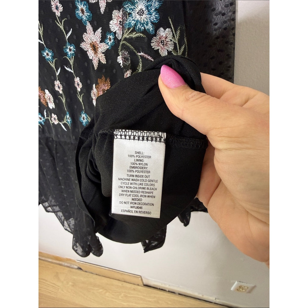Style & Co. Black Sheer Blouse with Multicolor Floral Embroidery Size 1X