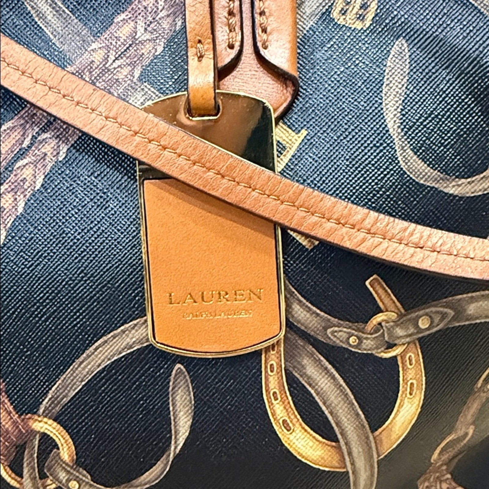 Lauren Ralph Lauren Caldwell Belting Equestrian Print PVC Tote Bag Leather Trim