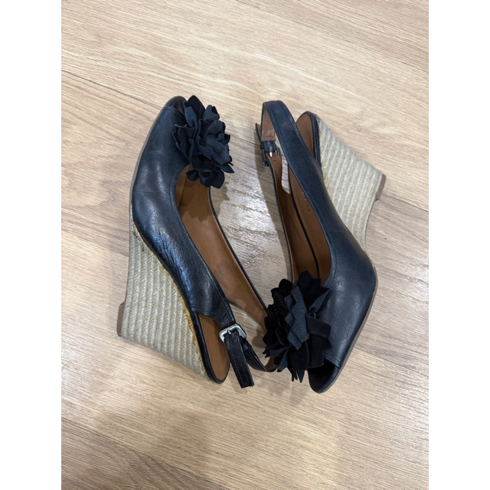 Franco Sarto L Salem Black Nubia Floral Accent Wedge Slingback Heels Size 9