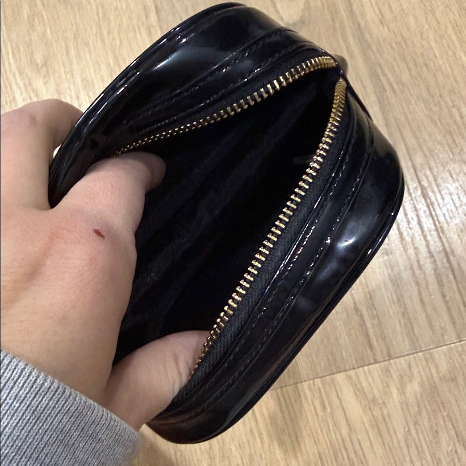 Tory Burch Black Patent Leather Zip Top Cosmetic Bag