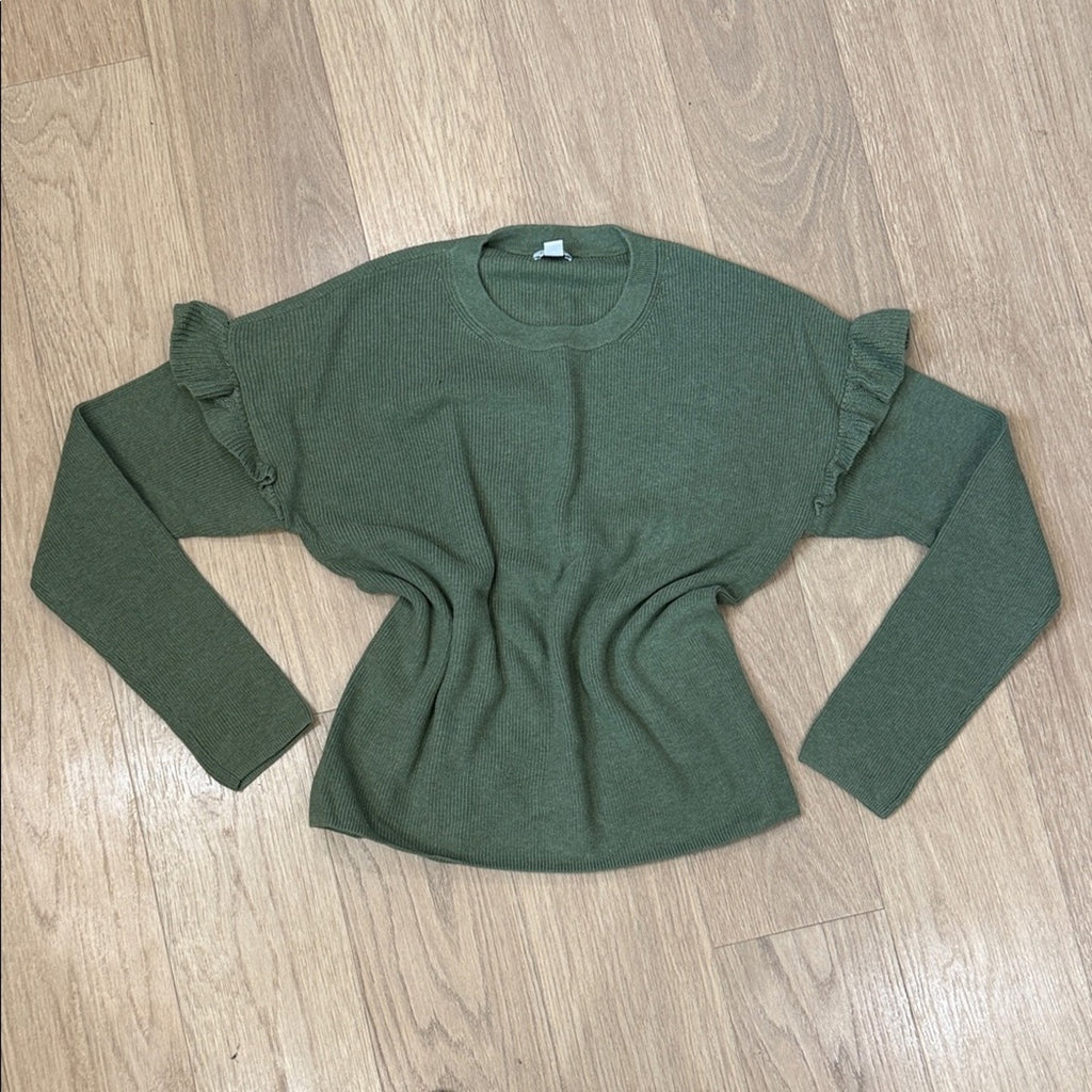 J. Crew Green Long Sleeve Sweater with Ruffle Detail Size XL