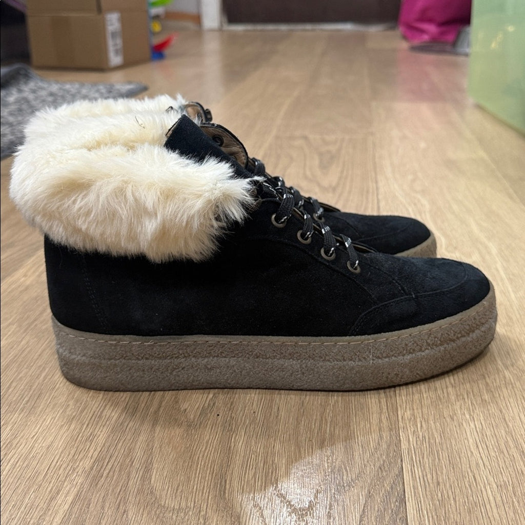 Saks Fifth Avenue Faux Shearling Lined Black Suede Platform Sneakers - Size 10