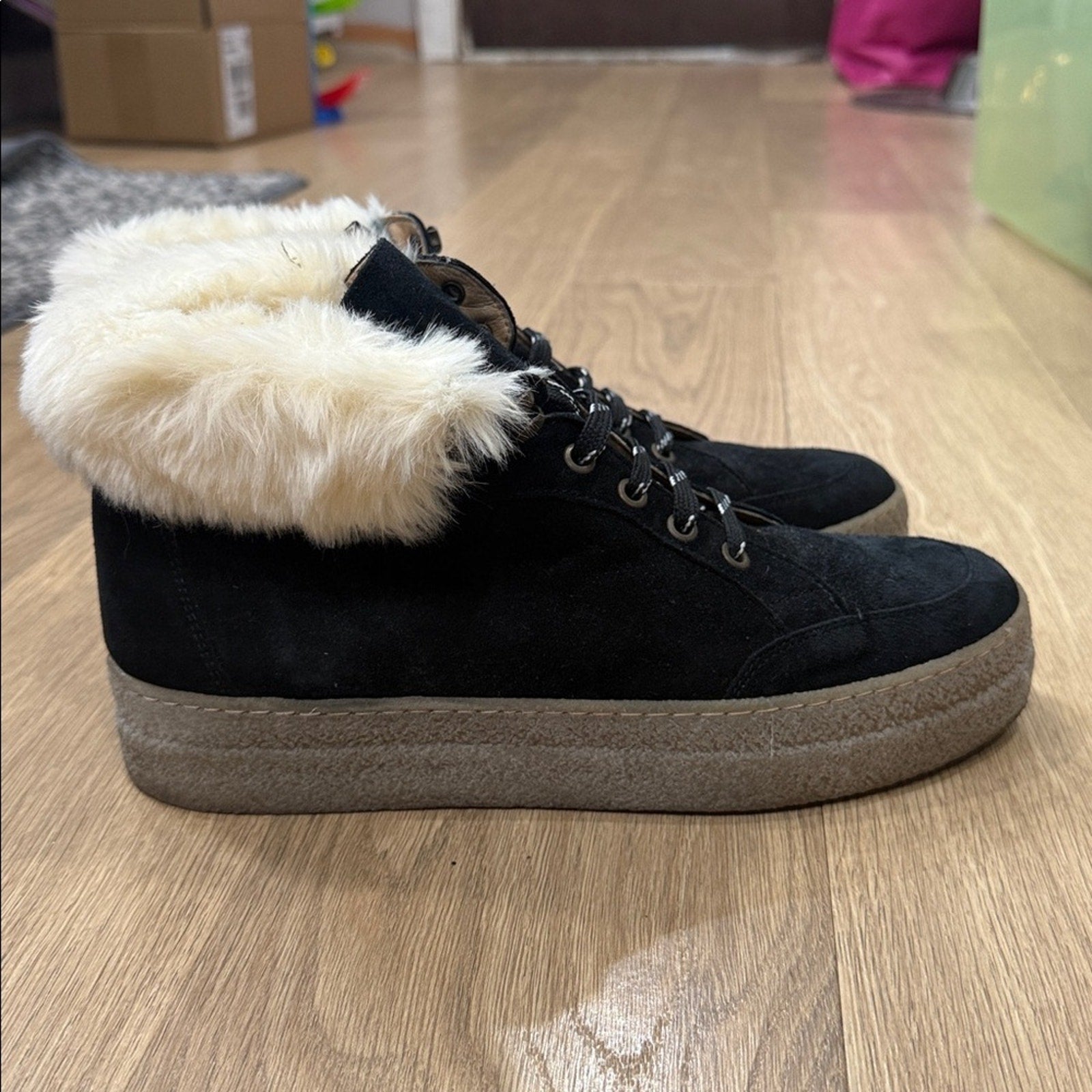 Saks Fifth Avenue Faux Shearling Lined Black Suede Platform Sneakers - Size 10