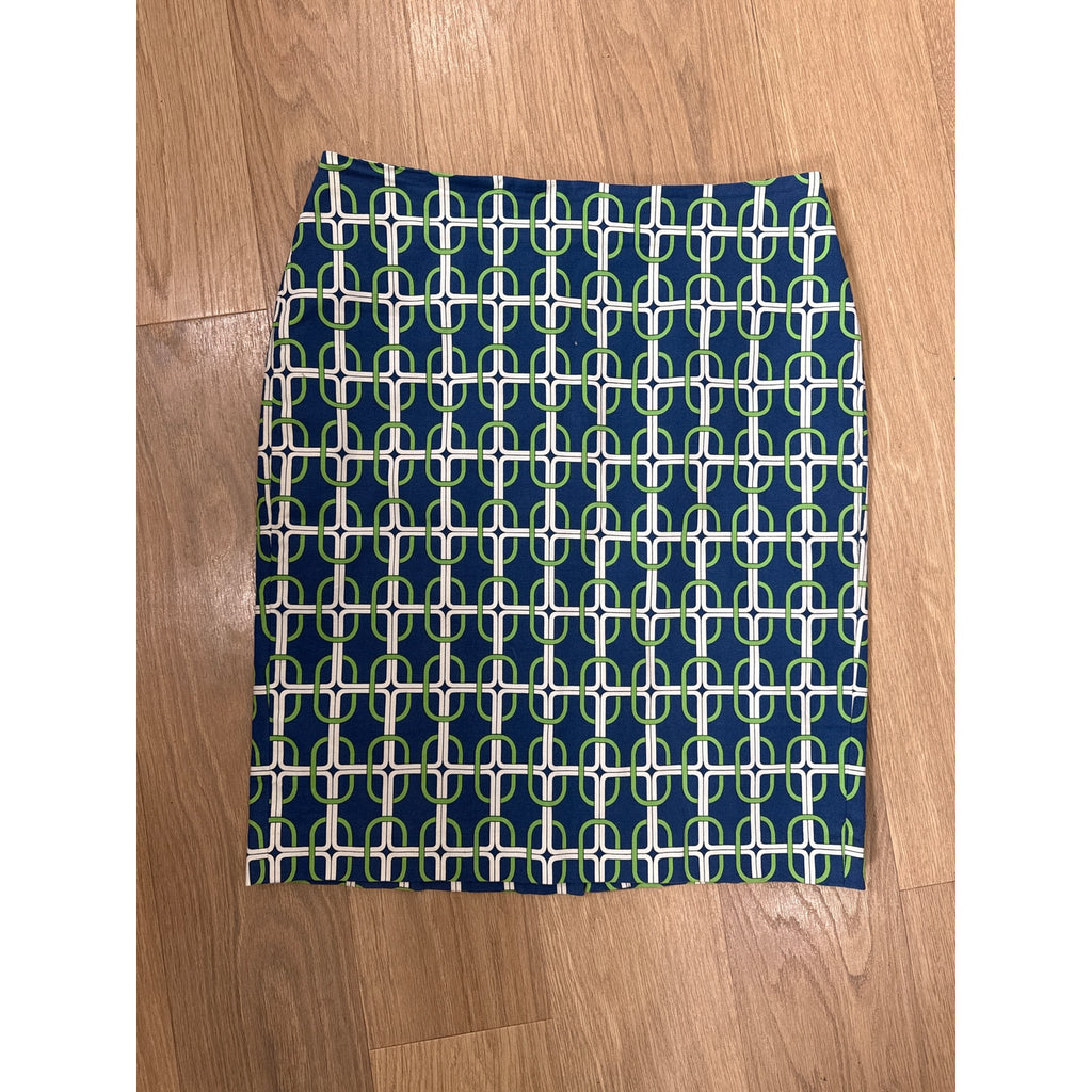 Talbots Navy Pencil Skirt with Green & White Geometric Link Print Size 12